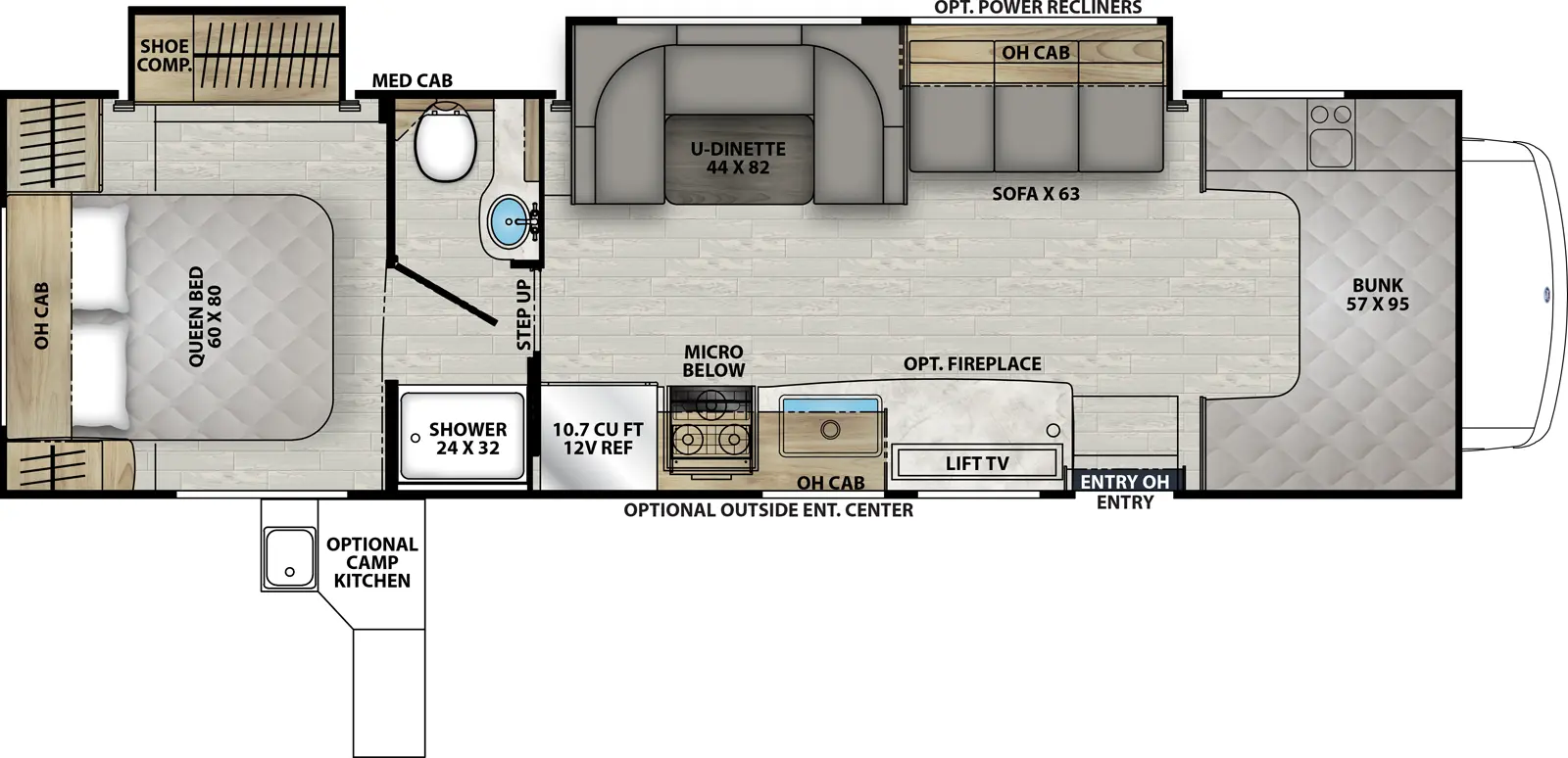 The Leprechaun 319MB - Ford 450 has one entry and two slide outs. Exterior features include: 21' awning, outside entertainment and outside kitchen. Interiors features include: rear bedroom, bunk over cab and u-dinette.